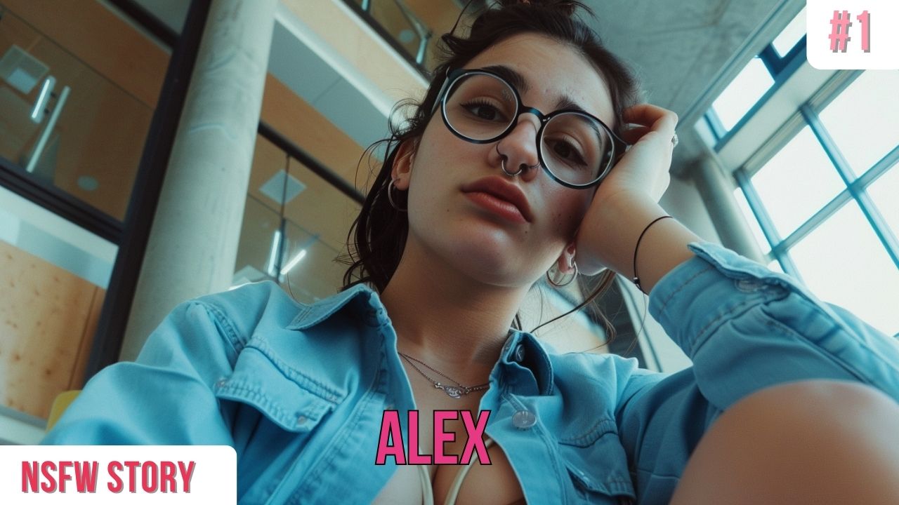 Gaze into intensity: large round glasses, a nose ring, and a captivating stare. Text: "#1 NSFW STORY ALEX".