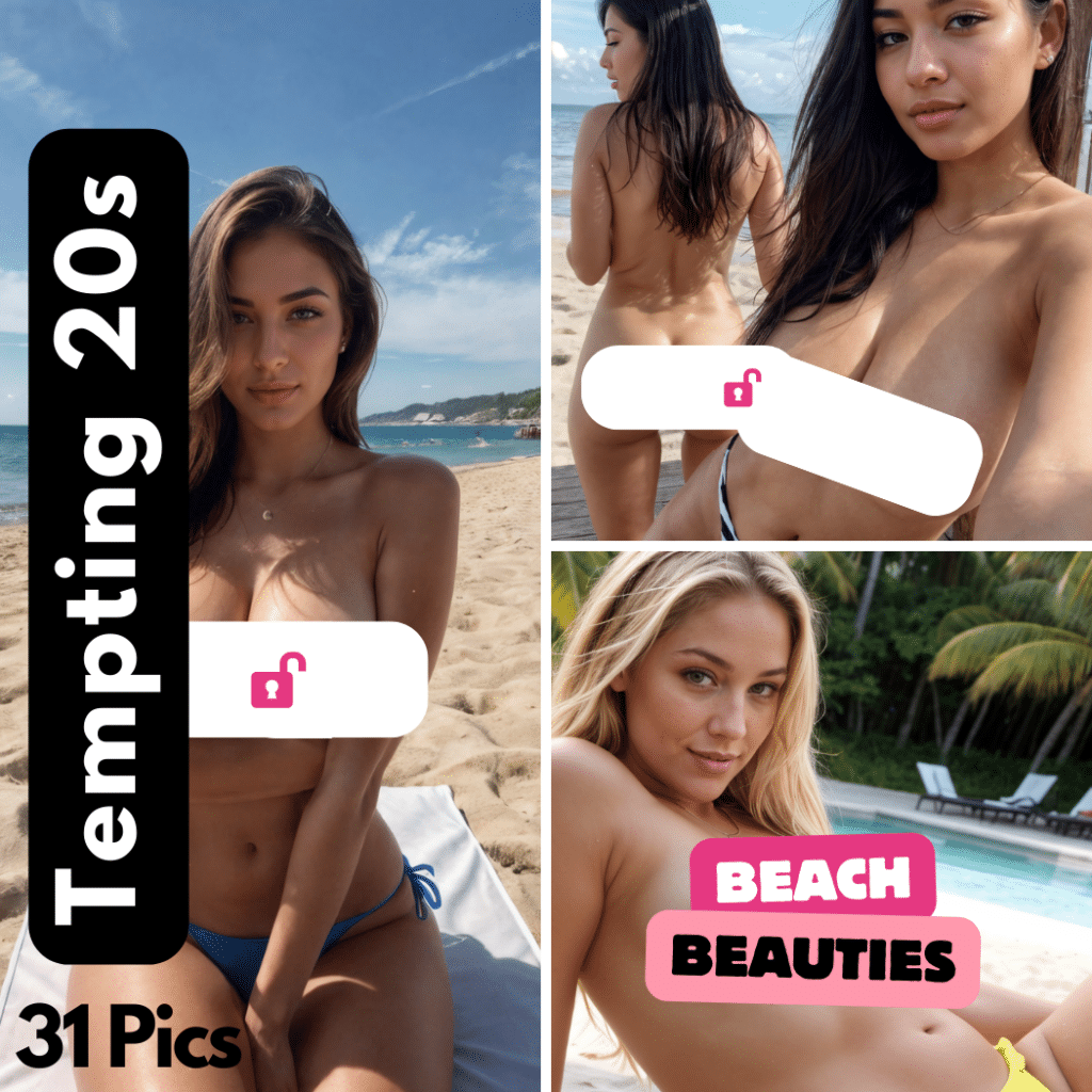 A photo collage features three young women on the beach, posing topless with digital censorship overlaid. The left image shows a woman sitting in front of the ocean with text reading "Tempting 20s." The other two highlight an individual laying by the beach and another by a pool, with text "BEACH BEAUTIES.