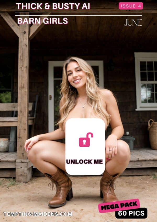 A woman squats alluringly beside a rustic wooden building. A tantalizing white graphic with a padlock icon and "UNLOCK ME" invites you to explore T&B: Barn Girls XL.