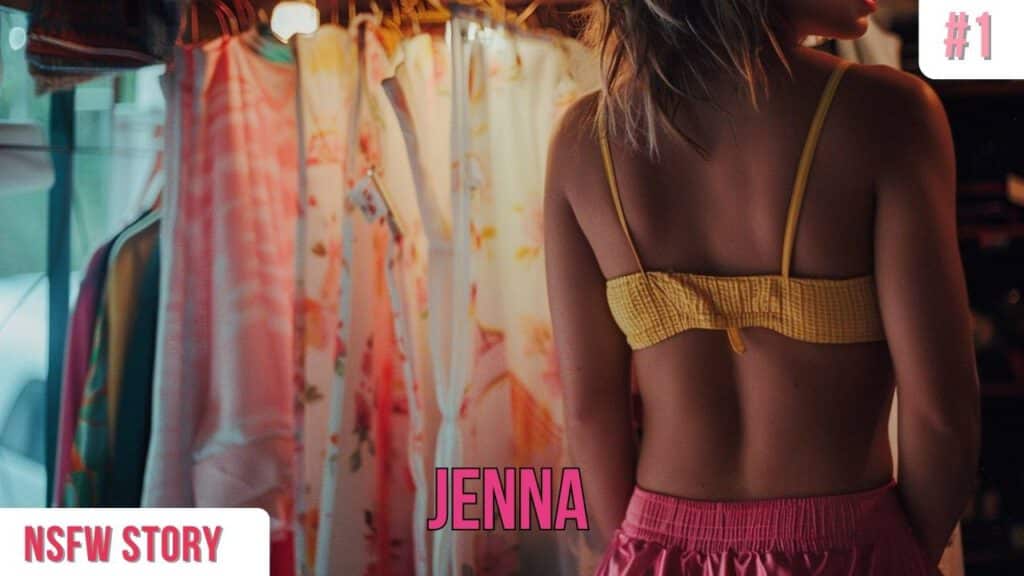 A woman with her back to the camera, wearing a yellow top and pink skirt, stands in front of a brightly lit rack of colorful clothing. Text on the image reads "JENNA" and "NSFW STORY.