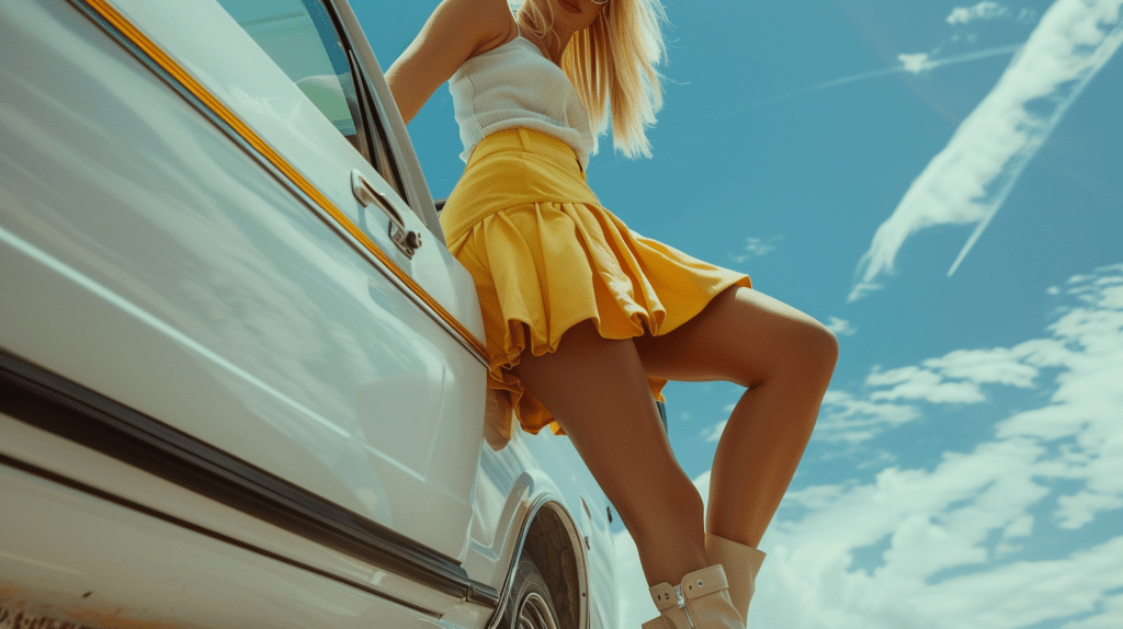 A woman in a yellow skirt and white top steps out of a vintage white car under a blue sky with wispy clouds.