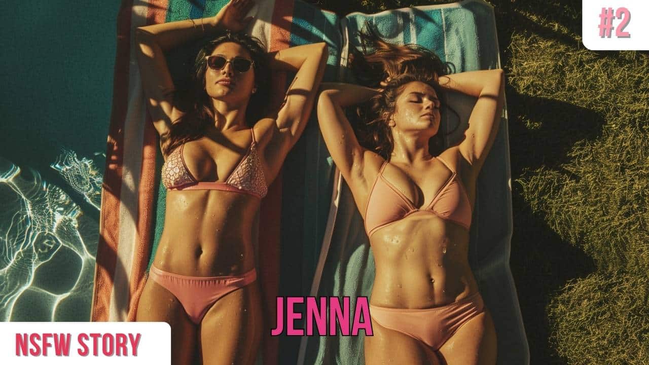 Two bikini-clad women bask in the sun by the pool. Text overlays: "NSFW STORY," "JENNA," "#2.